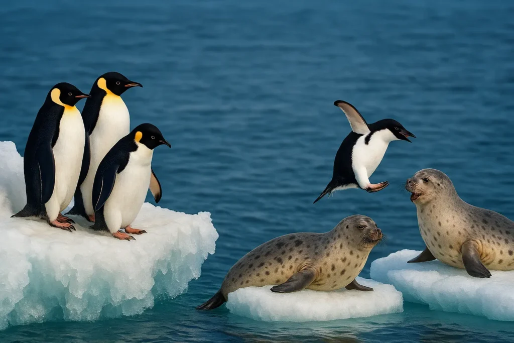 playful penguins and seals